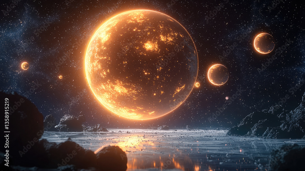 Poster stunning galactic landscape featuring large, glowing sun surrounded by multiple planets. scene is se