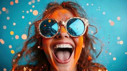 A cheerful woman with vibrant colors on her face and sparkly sunglasses, embodying the joyous spirit of celebration and fun in a colorful atmosphere of happiness.