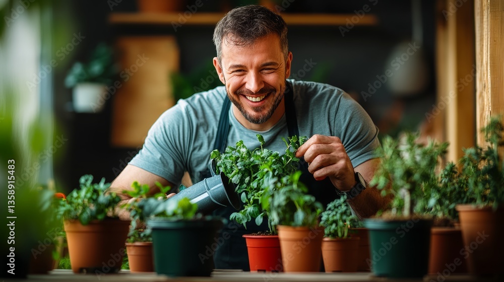 Aufkleber a man is smiling while watering plants. the plants are in various sizes and are placed in different 