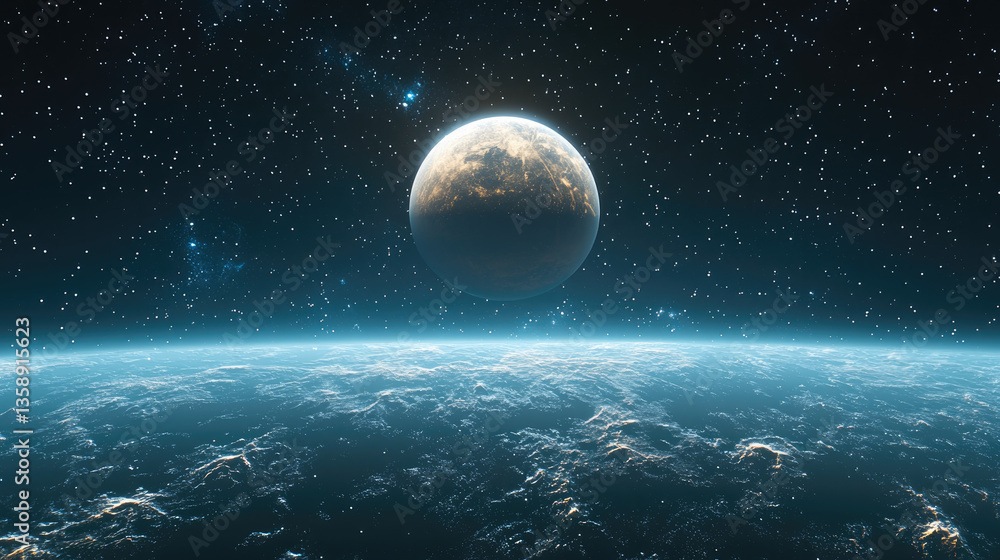 Poster breathtaking view of distant planet hovering above serene, cloud covered atmosphere, surrounded by s