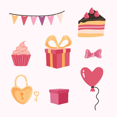 Cute set of romantic elements for Valentine's day. Vector illustrations for stickers, greeting cards
