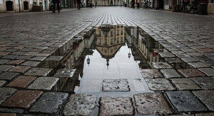 Cobblestone Street Reflection in Puddle Urban Architecture Cityscape
