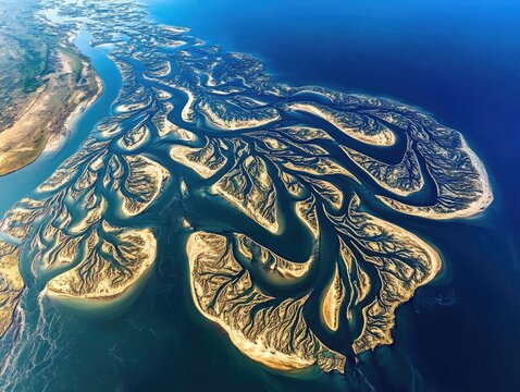 The chaotic yet beautiful network of a delta where multiple river streams branch out into the ocean, creating intricate designs against the deep blue water.