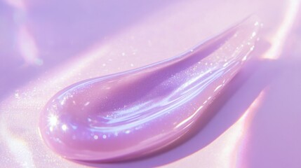 Pearlescent lip gloss swatch, soft lilac, dreamy glow, subtle light reflections, smooth texture, smear, lip balm, cosmetic product, isolated, light purple background, beauty, luxury makeup, banner.