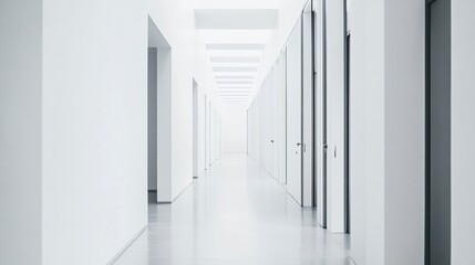Obraz premium Clean school hallway with minimalist decor, white walls, flawless floors, and vacant lockers, wide-open design perfect for text placement or visuals. 