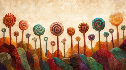 Whimsical colorful spiral flowers in a textured landscape.