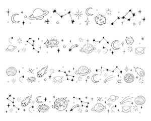 Celestial doodle border, falling star blink divider. Hand drawn ornament with stars, planets, meteorite and moon. Space magic simple decor. © Alyona