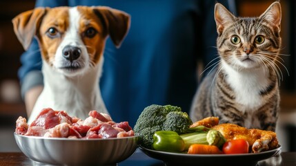 A dog and a cat are standing next to each other in front of a plate of food. The dog is looking at the plate of food, while the cat is looking at the person