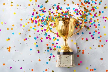 golden trophy with colorful confetti