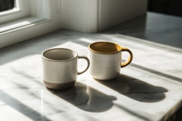 Obraz premium Speckled White and Mustard Yellow Ceramic Mugs on Marble Windowsill in Sunlight
