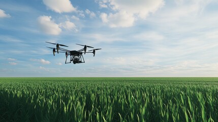 Agriculture drone flying over the field and spraying crops with chemicals.