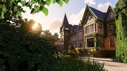 Dynamic view of a school housed in a historic mansion, blending elegant old-world architecture with modern additions, framed by vibrant greenery under a bright sky.  