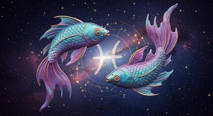 Zodiac sign Pisces against the colorful night sky with nebula. Astrological calendar. Zodiac circle with horoscope signs. High quality illustration.