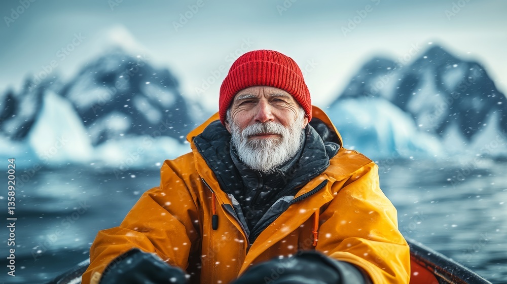 Poster a man in a red hat and orange jacket is sitting in a boat on a snowy lake. he is smiling and he is e