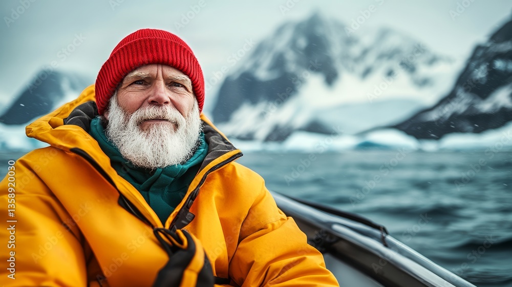 Poster a man in a red hat and yellow jacket is sitting in a boat on a lake. he is smiling and he is enjoyin