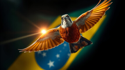 National Bird with Brazilian Flag, Rufous-bellied thrush, Brazil National Bird, Rio de Janeiro Flag of Brazil, Generative Ai