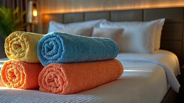 Colorful towels neatly rolled on hotel bed; bright room.  Possible use Hotel brochure or website