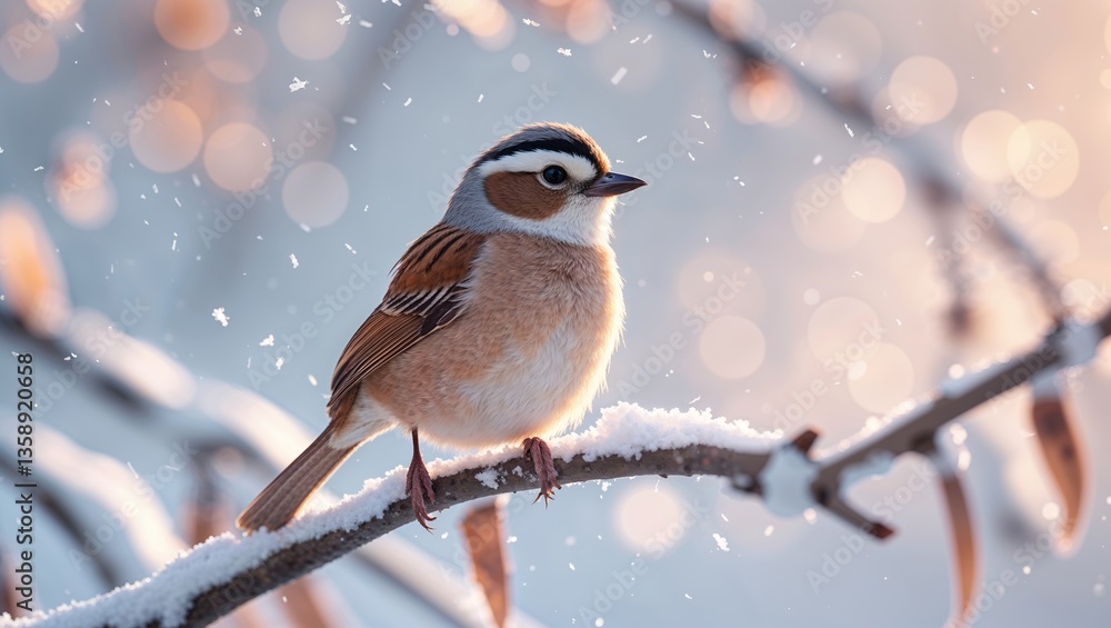 Aufkleber small bird perched on branch during snowy day with soft sunlight filtering through