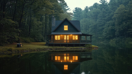 charming house near serene lake, surrounded by dense forest, creates peaceful atmosphere. warm glow from windows reflects beautifully on water, inviting tranquility and comfort