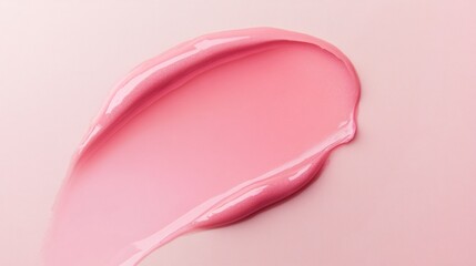 swatch of glossy pink peach lip balm, natural shine, soft smooth application, realistic reflection, smear, cosmetic product, isolated, pastel background, beauty, luxury makeup, advertisement, banner.