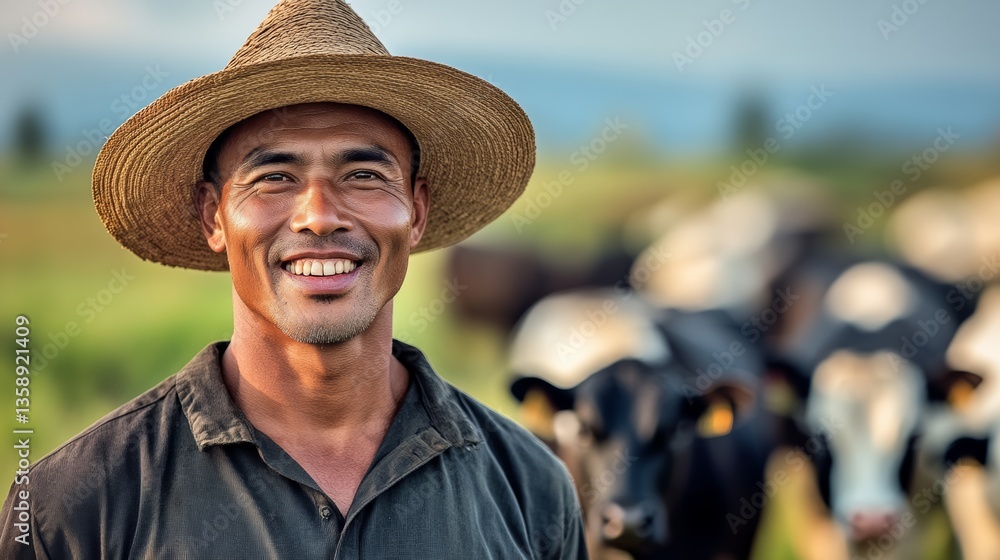 Poster a man wearing a straw hat is smiling at the camera. he is standing in a field with cows in the backg