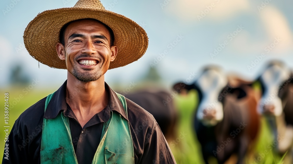Poster a smiling man wearing a straw hat stands in front of a herd of cows. the cows are in various positio