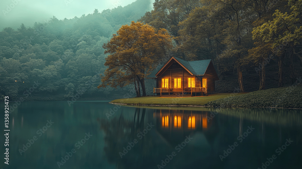 Poster serene house near tranquil lake surrounded by dense forest, with warm lights glowing from windows, c