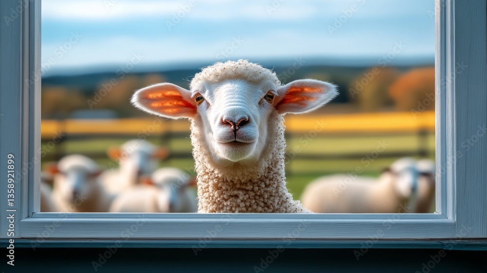Poster a white sheep is looking out of a window at a group of other sheep. the sheep in the window is the o
