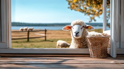 Fototapeta premium A sheep is looking out the window at the grassy field. There are other sheep in the background