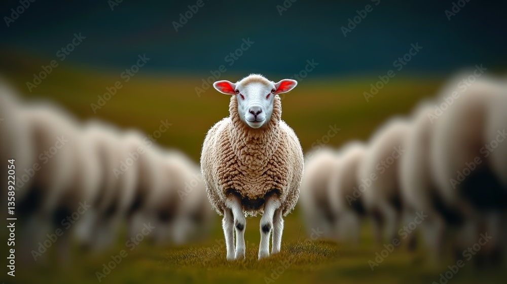 Poster a sheep stands in the middle of a herd of sheep. the sheep is the only one with red ears