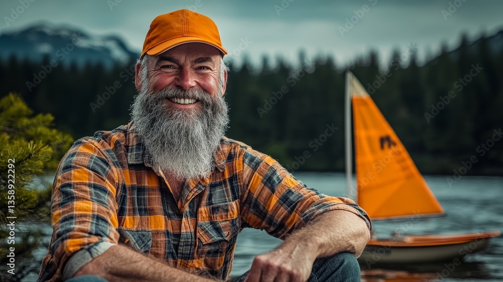 Poster a man with a beard and a plaid shirt is sitting by a lake with a sailboat in the background. he is s