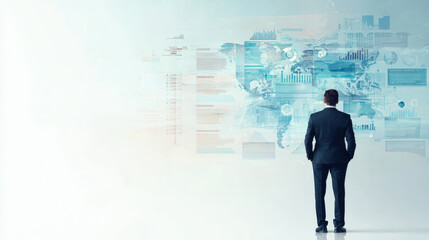 Businessman analyzing data visualization on digital screen, showcasing global statistics and trends, conveying sense of innovation and strategy