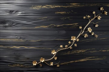 Golden floral branch against a dark, textured wooden