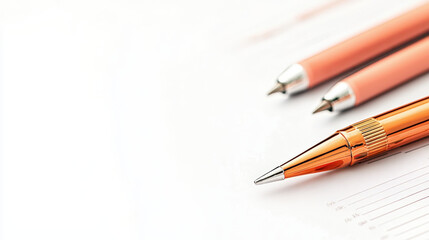 Naklejka premium Elegant pens in shades of pink and orange resting on clean sheet of paper, perfect for writing or signing important documents