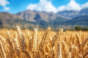 Fototapeta premium Golden wheat field under a vibrant sky, mountains in the background