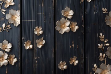 Golden floral branch against a dark, textured wooden