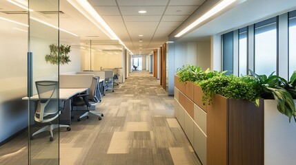 Long, brightly lit office corridor with clean modern finishes, defocused room entries, and glass accents, offering a sleek and professional backdrop. 