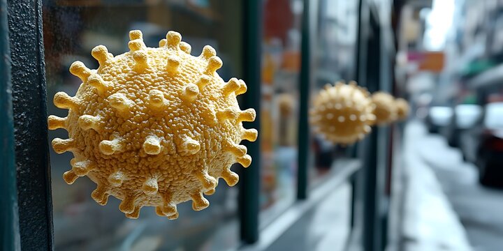 A detailed rendered image shows a virus shape in a cityscape setting