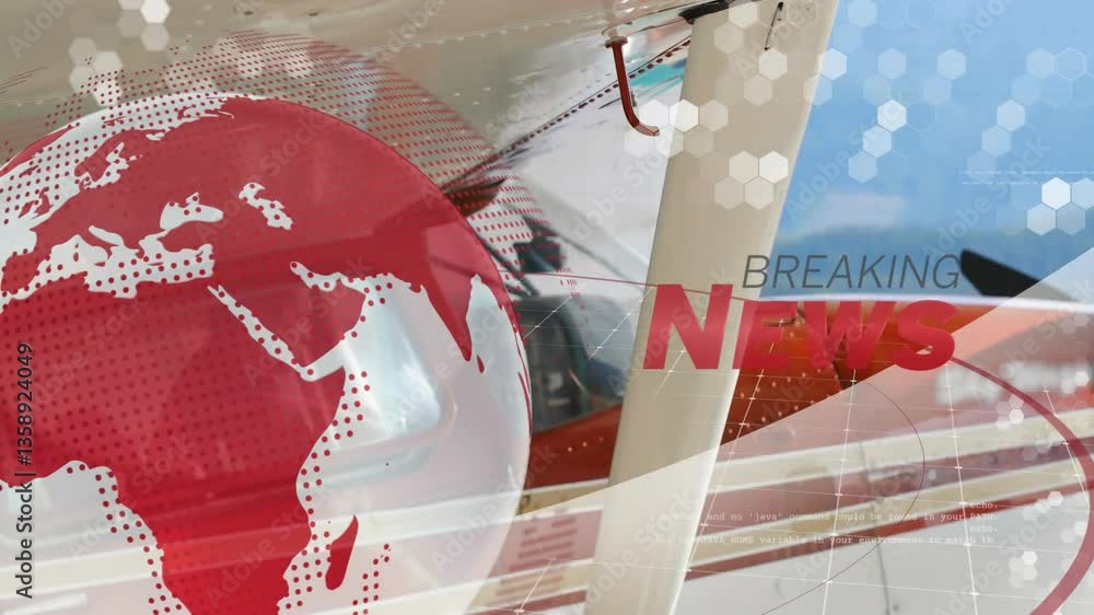 Poster breaking news animation over airplane with red globe and hexagonal patterns
