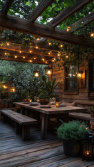 Obraz premium elegant outdoor dining space featuring reclaimed wood, surrounded by lush greenery and warm lighting, creating cozy and inviting atmosphere for gatherings