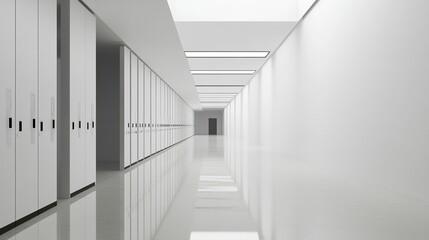 Obraz premium Long, empty school hallway with white walls, polished floors, and blank lockers, minimalist design offering uncluttered copyspace for creative use. 
