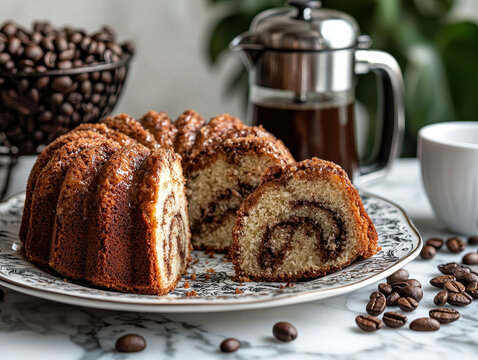 Moist coffee cake with cinnamon swirl served on vintage plate alongside coffee beans and French press for National Coffee Cake Day