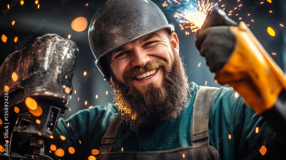 Aufkleber a man with a beard and a hard hat is smiling while holding a power tool. concept of confidence and p