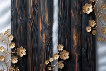 Golden floral branch against a dark, textured wooden