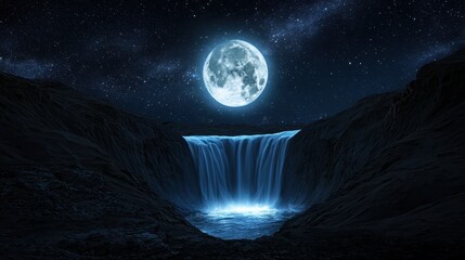 A cosmic landscape where the moon feeds a river that flows into an endless glowing waterfall, stars all around
