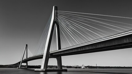 Low-angle capture of a cable-stayed bridge, its taut cables reaching elegantly towards a clear blue sky, a testament to modern engineering.  