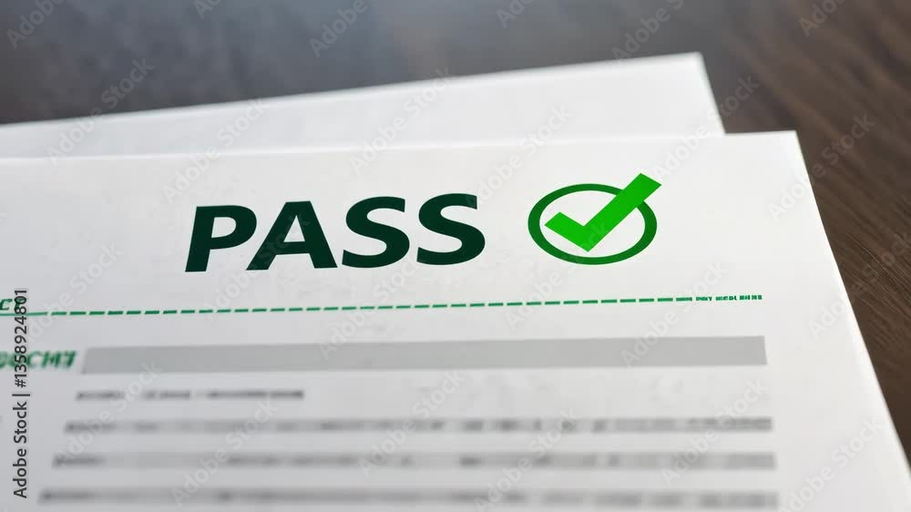 Poster document verification pass checkmark for safety and compliance assessment approval ensuring standard