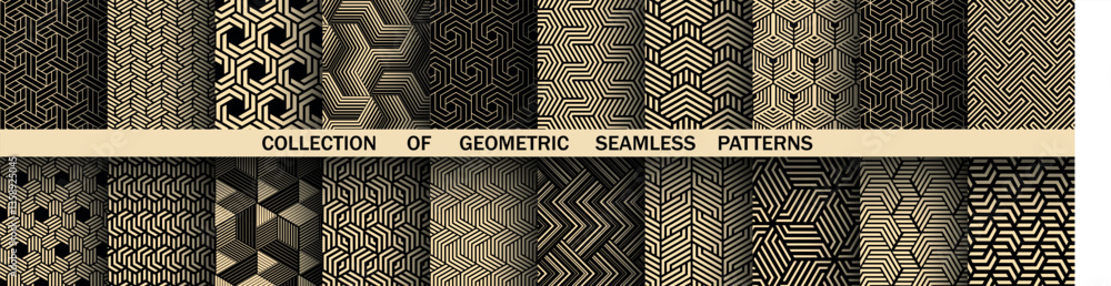 Aufkleber geometric set of seamless black and golden patterns. simple vector graphics