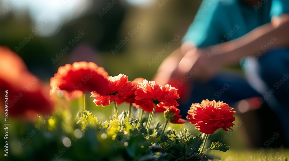 Poster a person is kneeling down in front of a bunch of red flowers. the flowers are in a pot and are arran