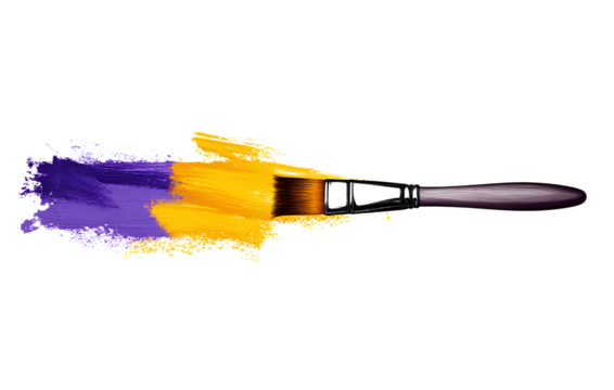 A paintbrush painting yellow and purple, vector illustration, on a transparent background